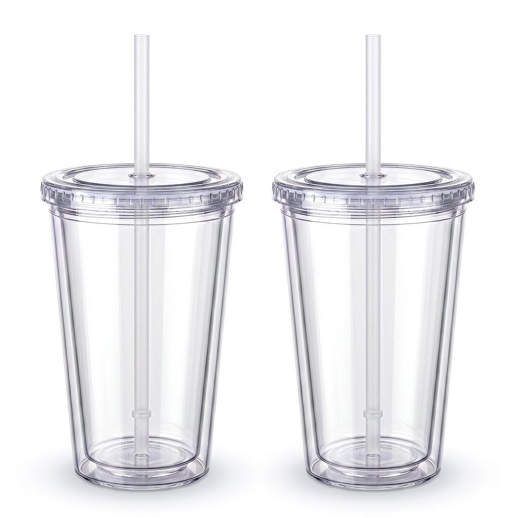 Clear Double Wall Plastic Tumbler with Lid and Straw 16 oz, 2 Pack G81760