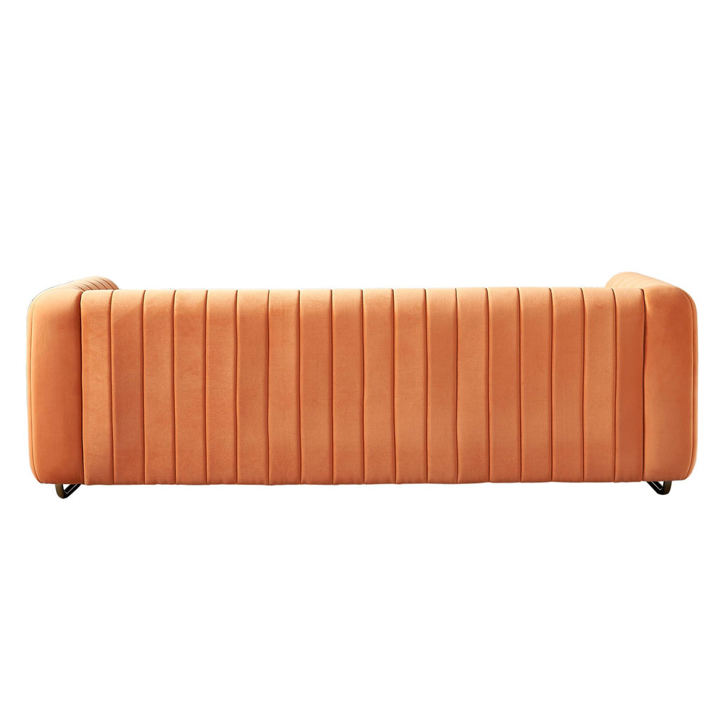 Velvet Sofa Couch, 3-Seater with Channel-Tufted Seats and Gold Steel Legs, Orange S892