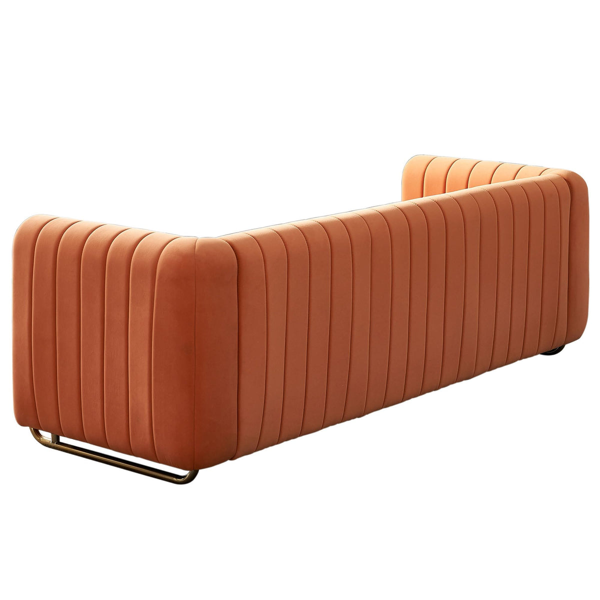 Velvet Sofa Couch, 3-Seater with Channel-Tufted Seats and Gold Steel Legs, Orange S892