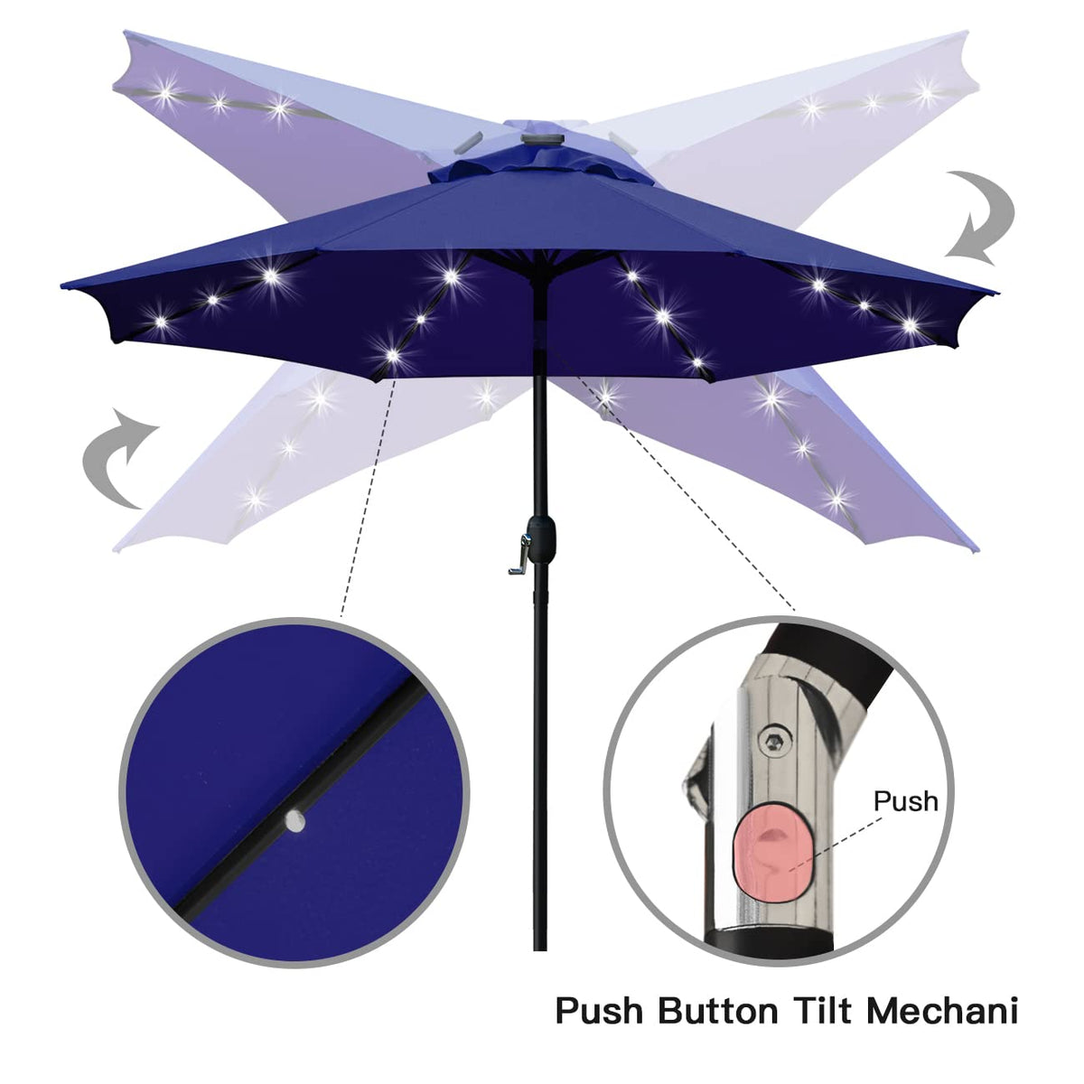 9' Solar LED Patio Umbrella, 8 Ribs, Tilt & Crank (Navy Blue) I2358