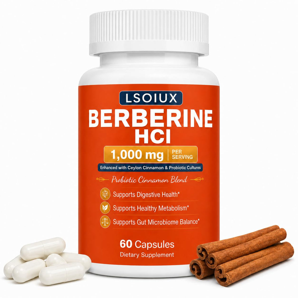 Berberine HCl 1000 mg with Ceylon Cinnamon and Probiotic, 60 Capsules B553215