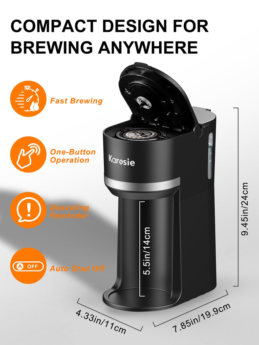 Black Single Serve Coffee Maker for Pods and Grounds, 6-12 oz A3775