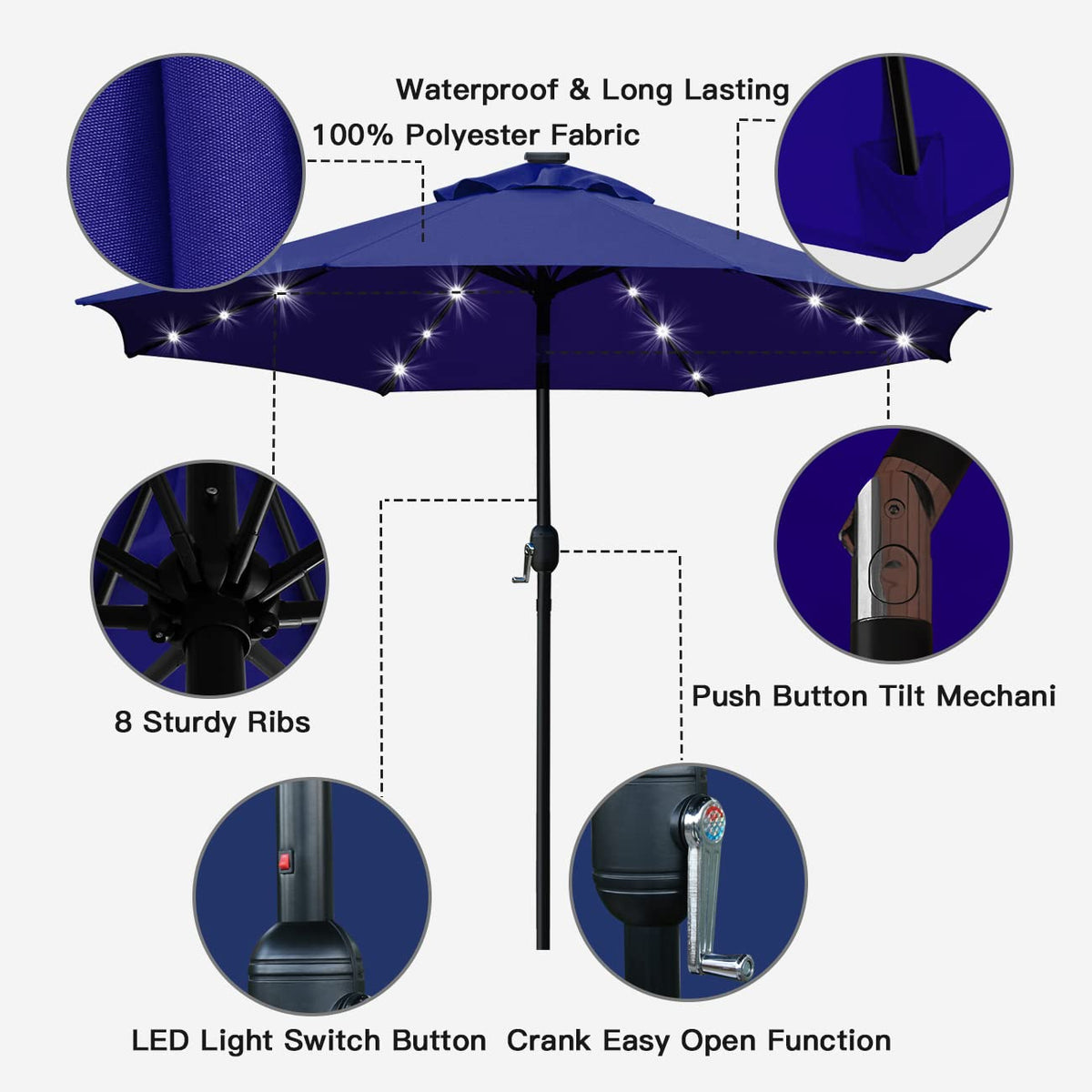 9' Solar LED Patio Umbrella, 8 Ribs, Tilt & Crank (Navy Blue) I2358