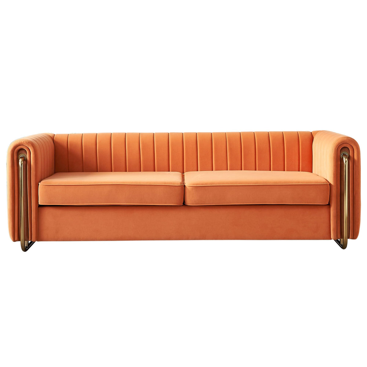 Velvet Sofa Couch, 3-Seater with Channel-Tufted Seats and Gold Steel Legs, Orange S892