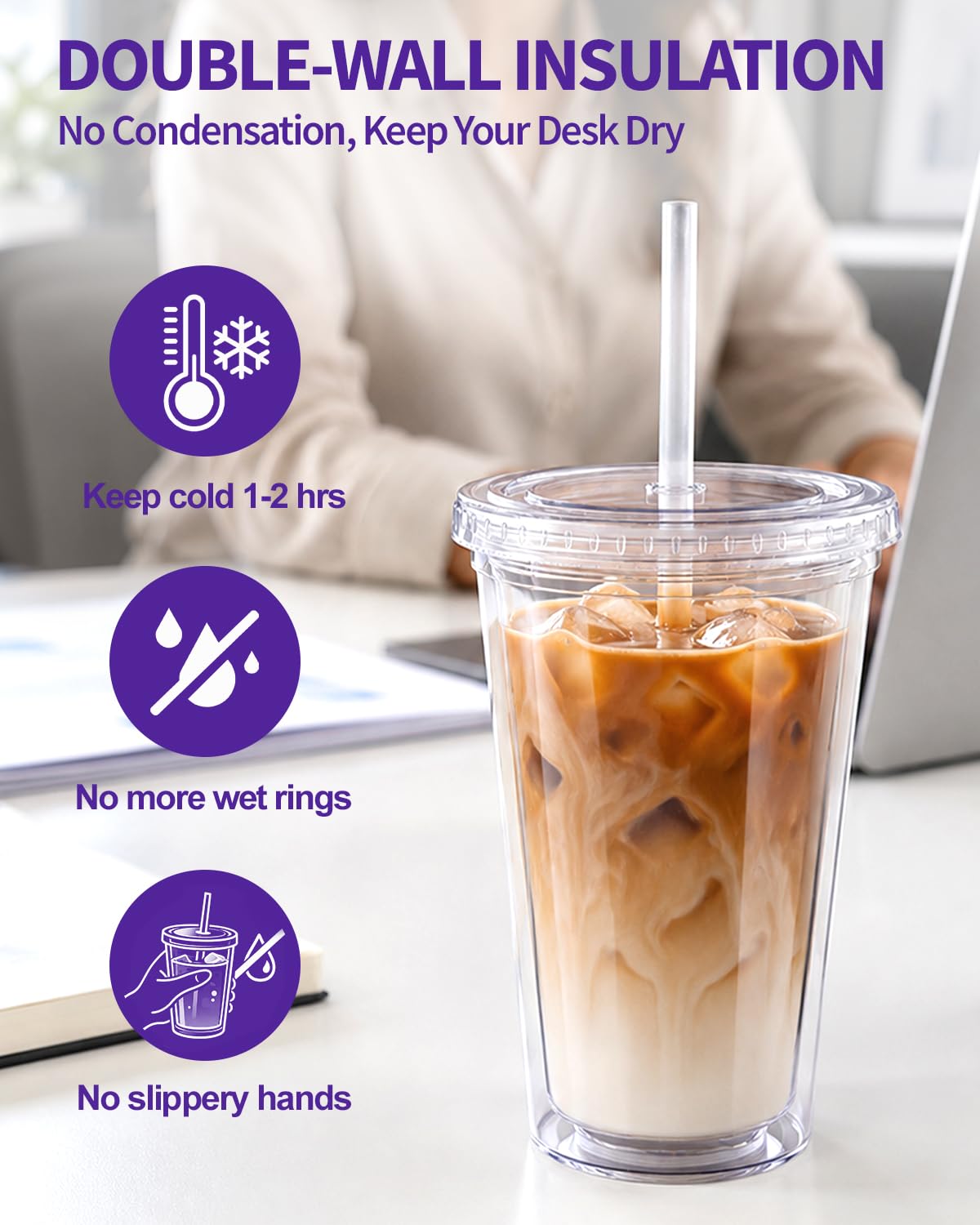Clear Double Wall Plastic Tumbler with Lid and Straw 16 oz, 2 Pack G81760