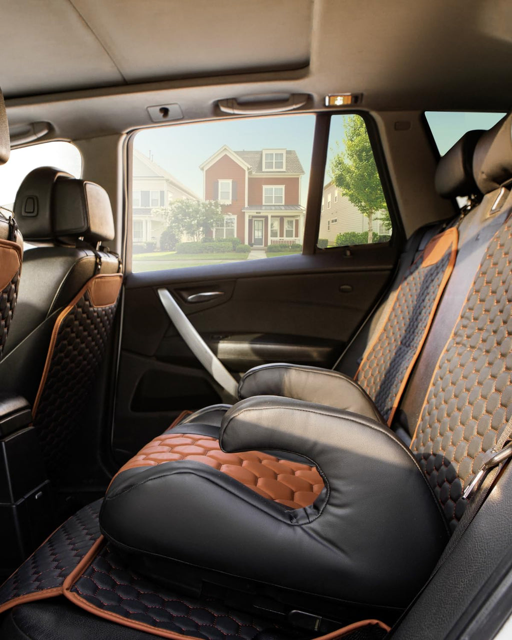 Black-Brown Backless Booster Seat, Waterproof Leather Seat Protector & Kick Mat Set S3464