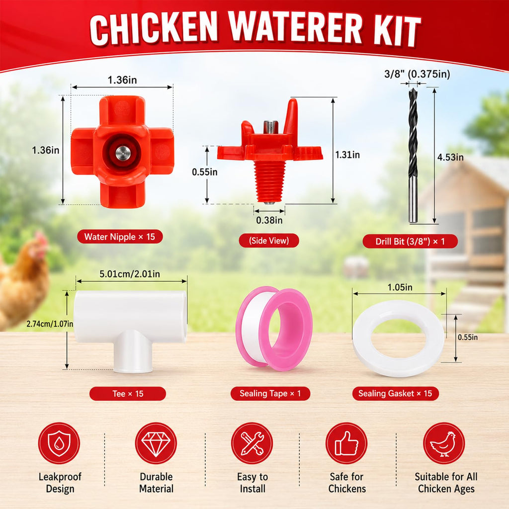 15 Pack Chicken Nipples Waterer with PVC Tee Fittings D245