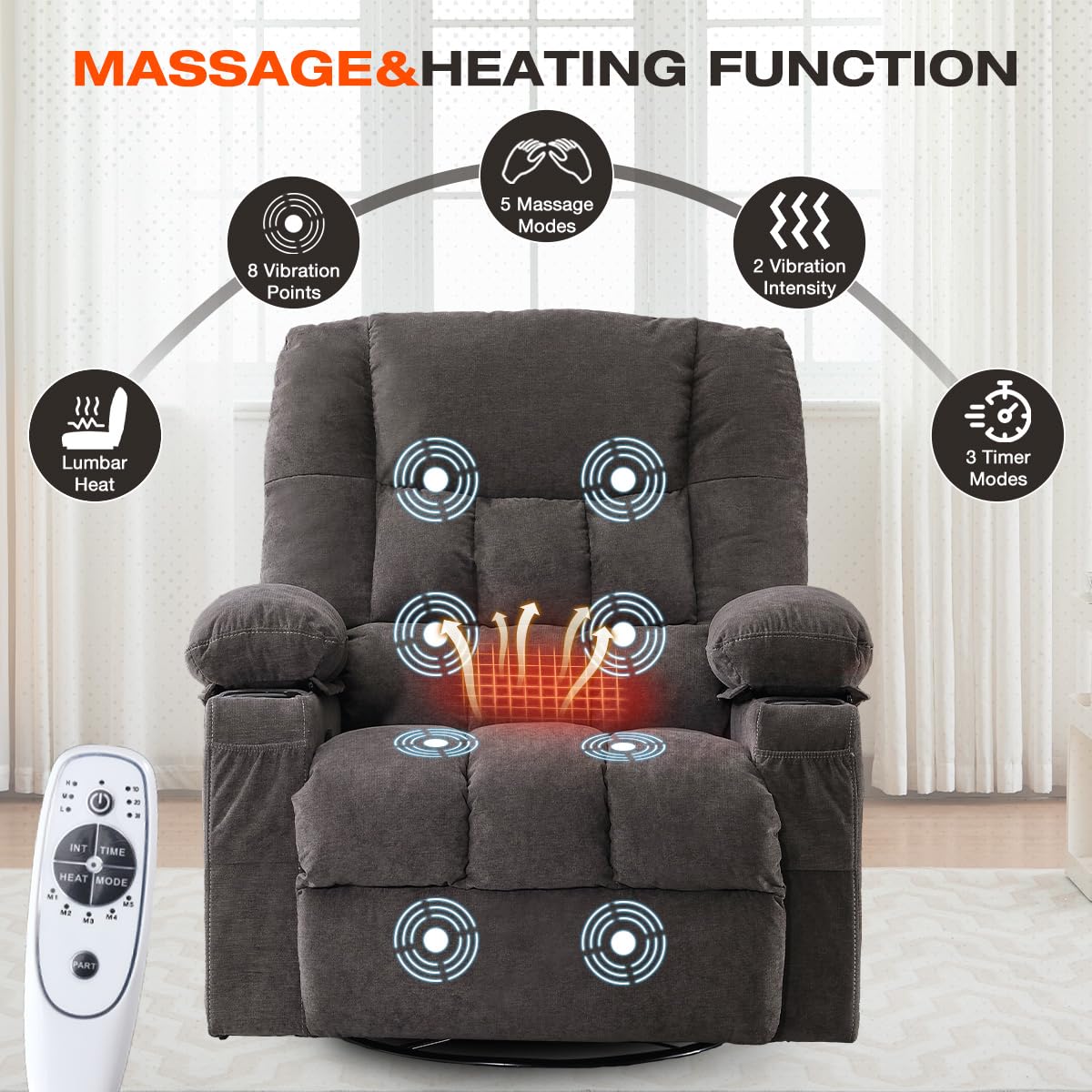 Oversized Swivel Rocker Recliner with Massage and Heat H127352