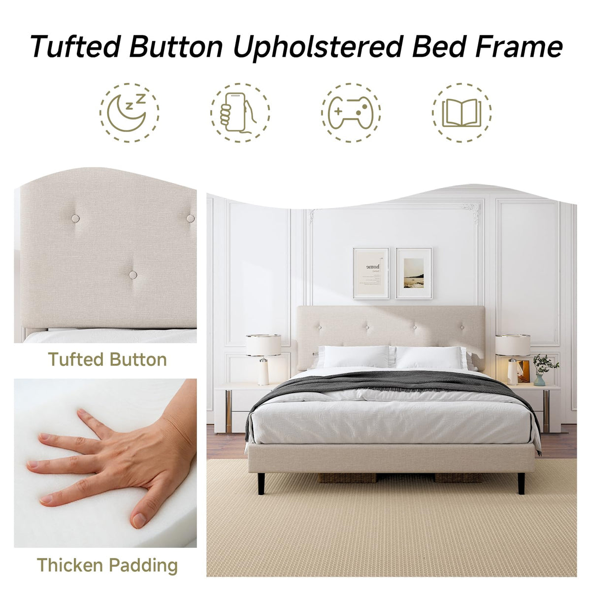 Queen Size Beige Linen Bed Frame with Adjustable Headboard Q36954