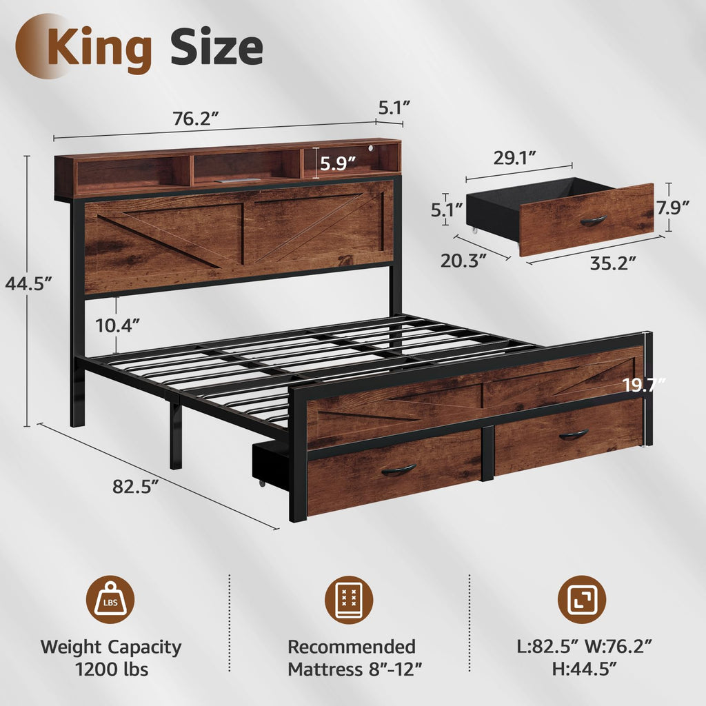 King Size Bed Frame with Storage Drawers and Charging Station X548389