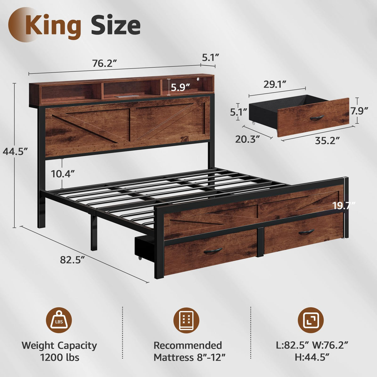 King Size Bed Frame with Storage Drawers and Charging Station X548389