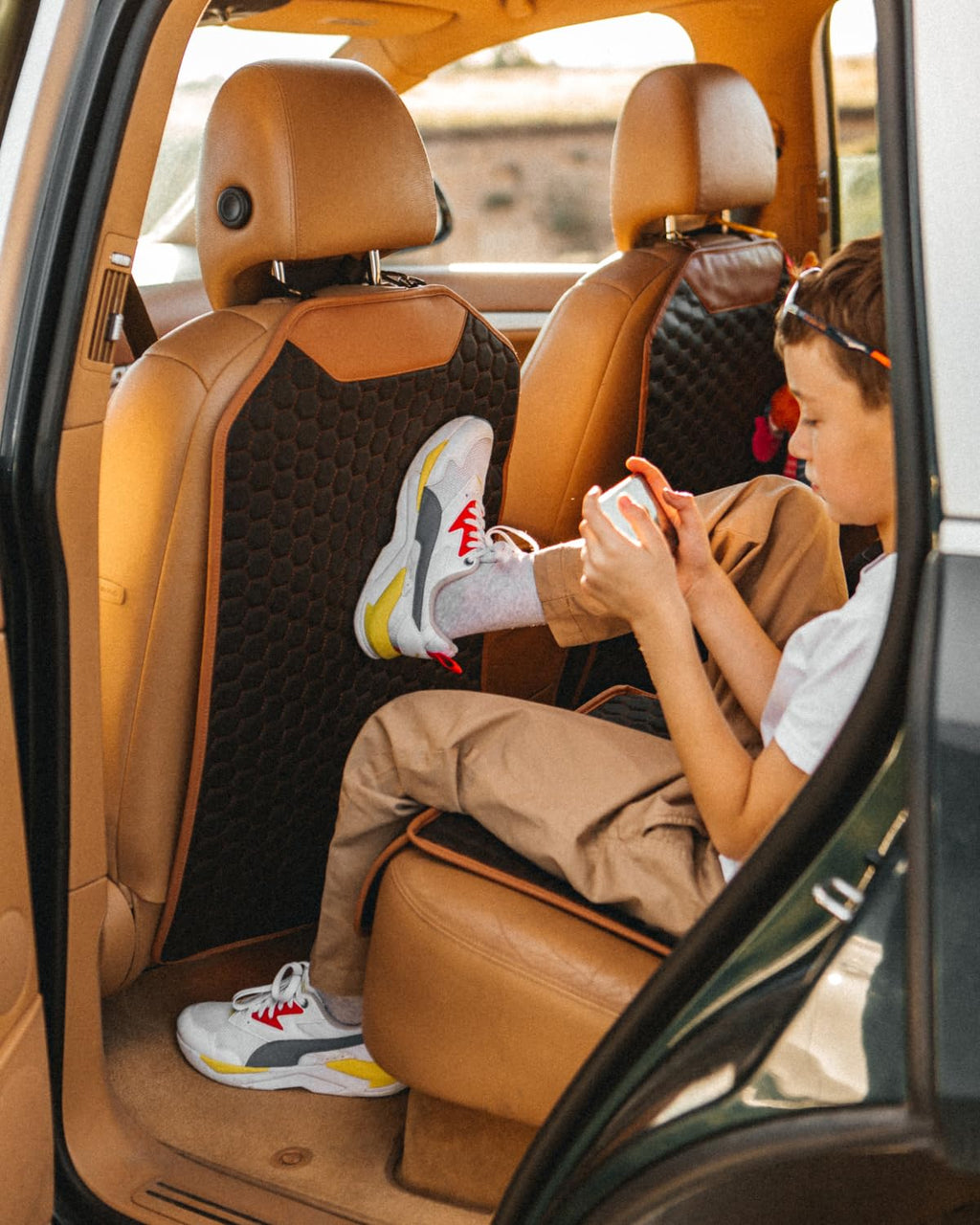 Black-Brown Backless Booster Seat, Waterproof Leather Seat Protector & Kick Mat Set S3464