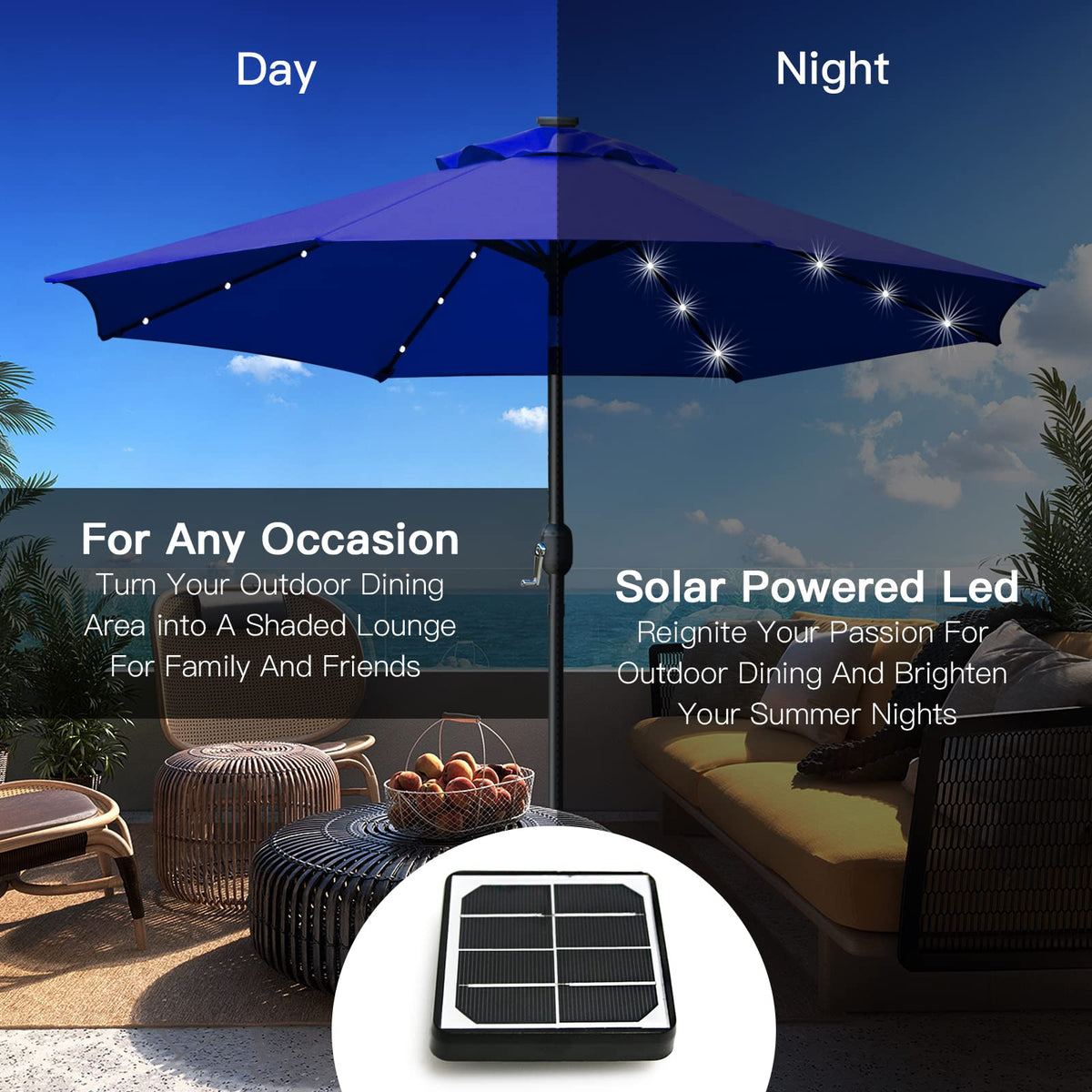 9' Solar LED Patio Umbrella, 8 Ribs, Tilt & Crank (Navy Blue) I2358