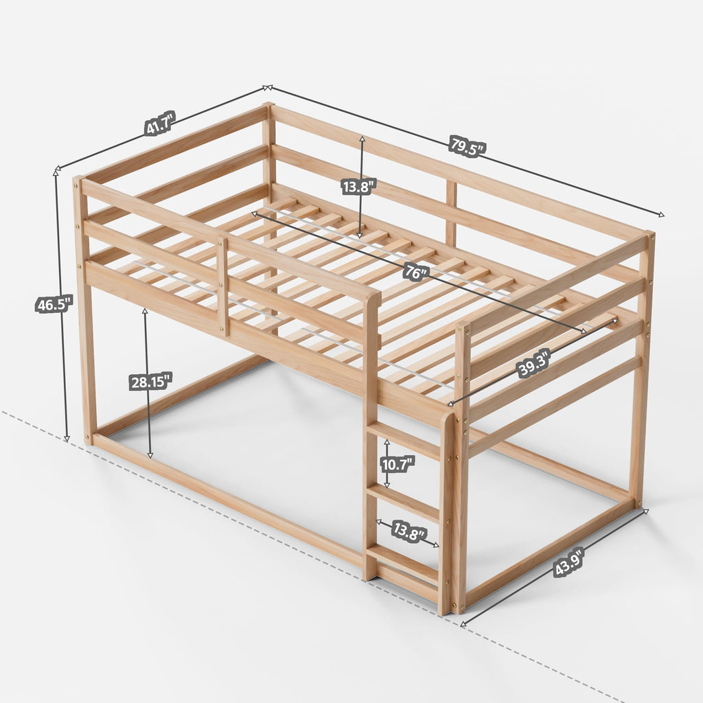 Twin Over Twin Low Bunk Bed with Ladder and Guardrails S401