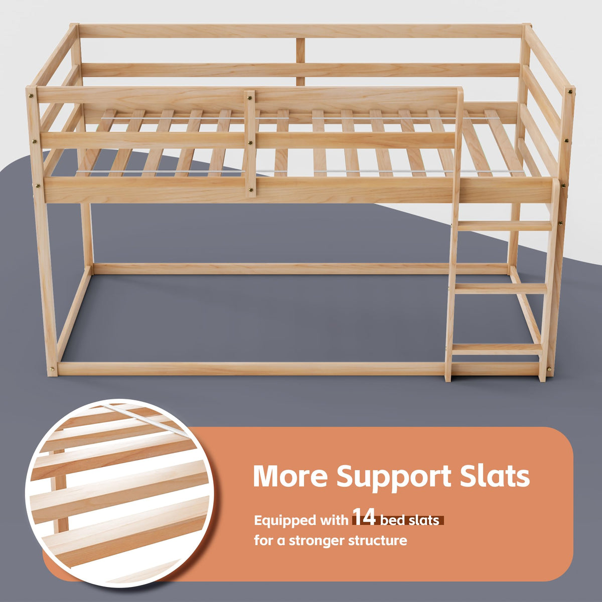 Twin Over Twin Low Bunk Bed with Ladder and Guardrails S401