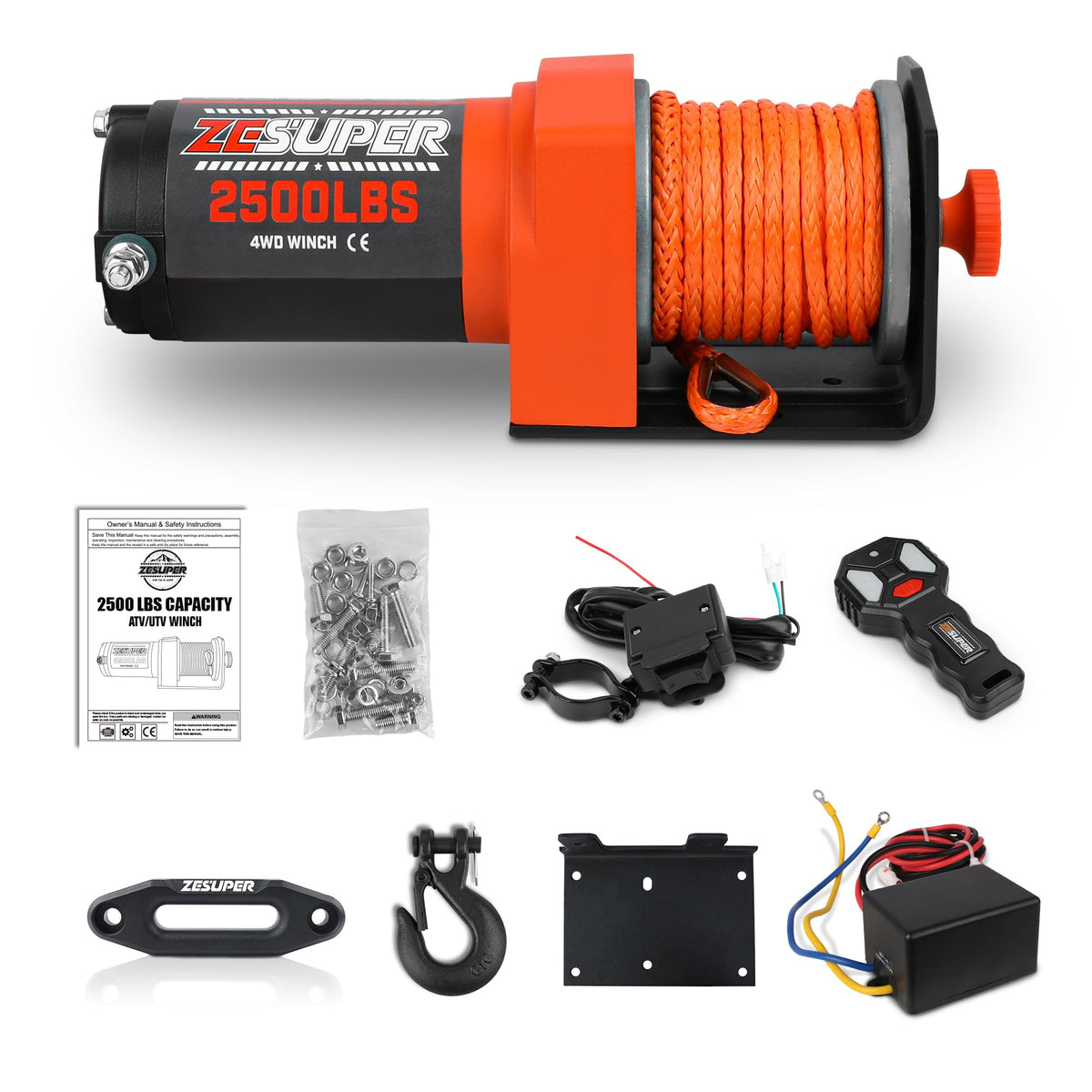 2500 lb Electric Winch 30ft Synthetic Rope 12V DC E744