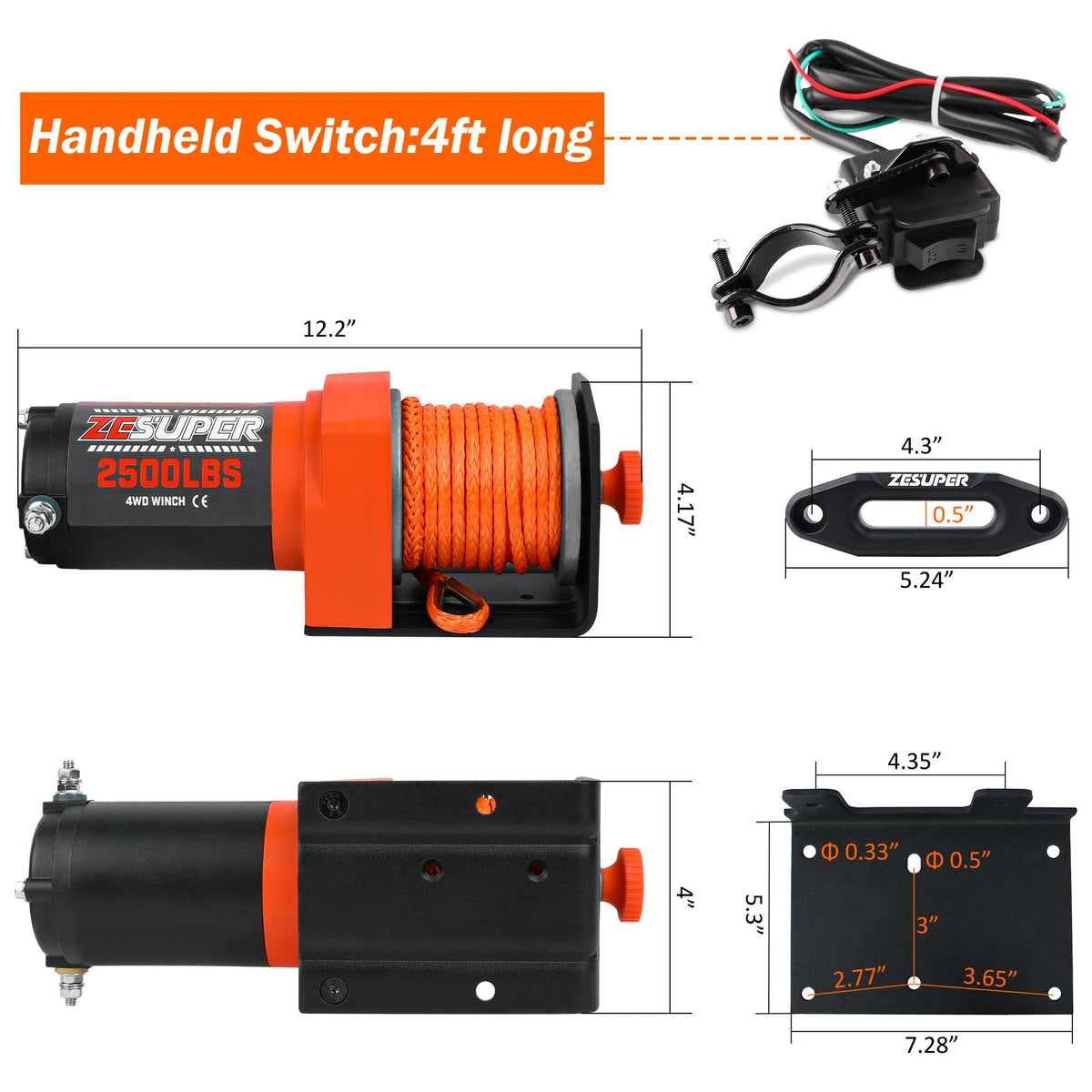 2500 lb Electric Winch 30ft Synthetic Rope 12V DC E744