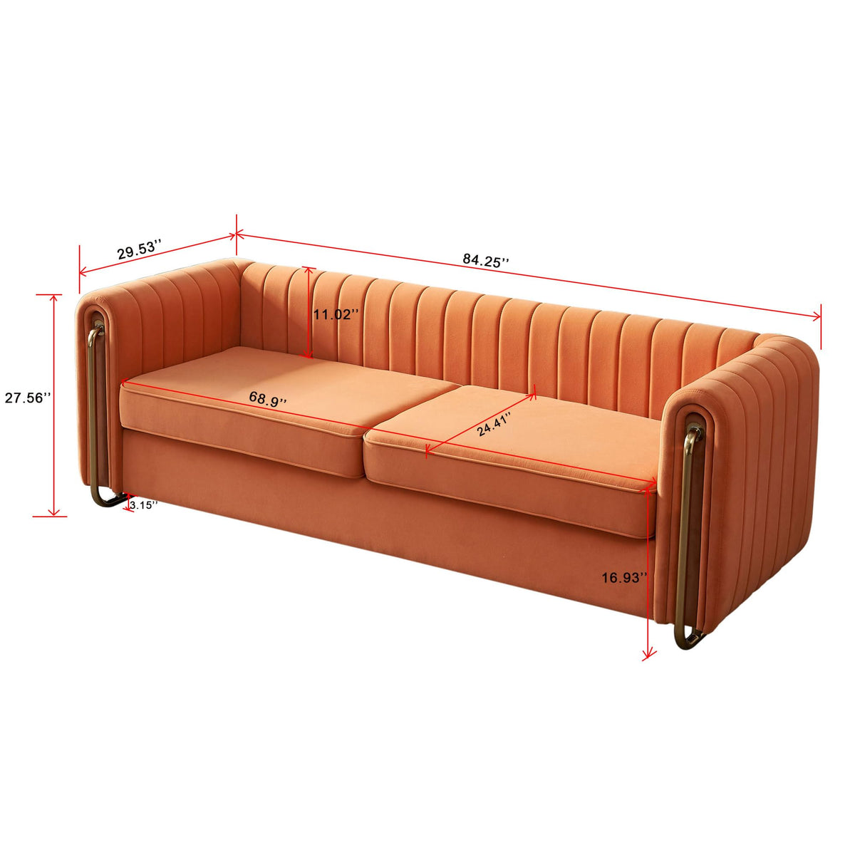 Velvet Sofa Couch, 3-Seater with Channel-Tufted Seats and Gold Steel Legs, Orange S892