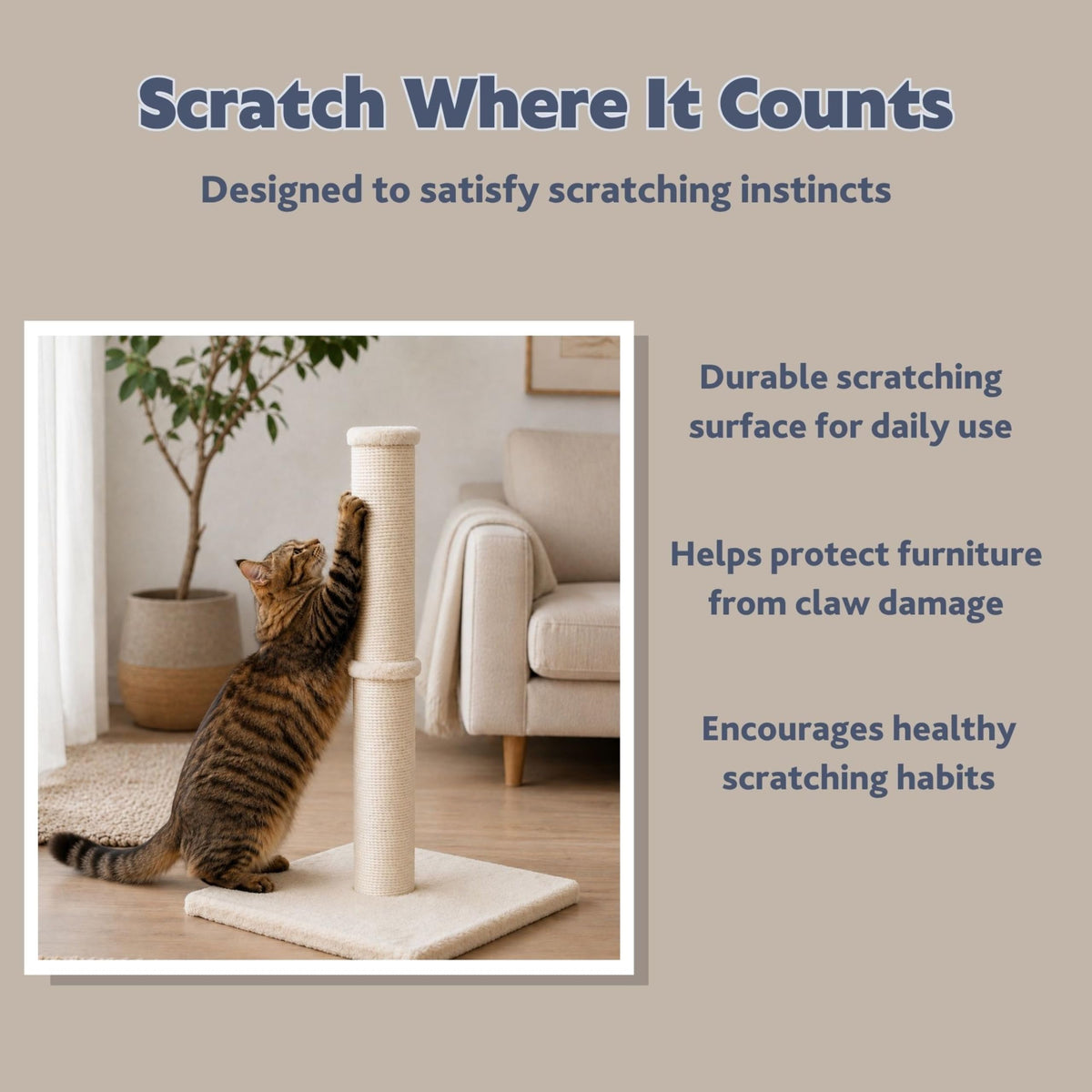 Beige Jute Cat Scratching Post V91332
