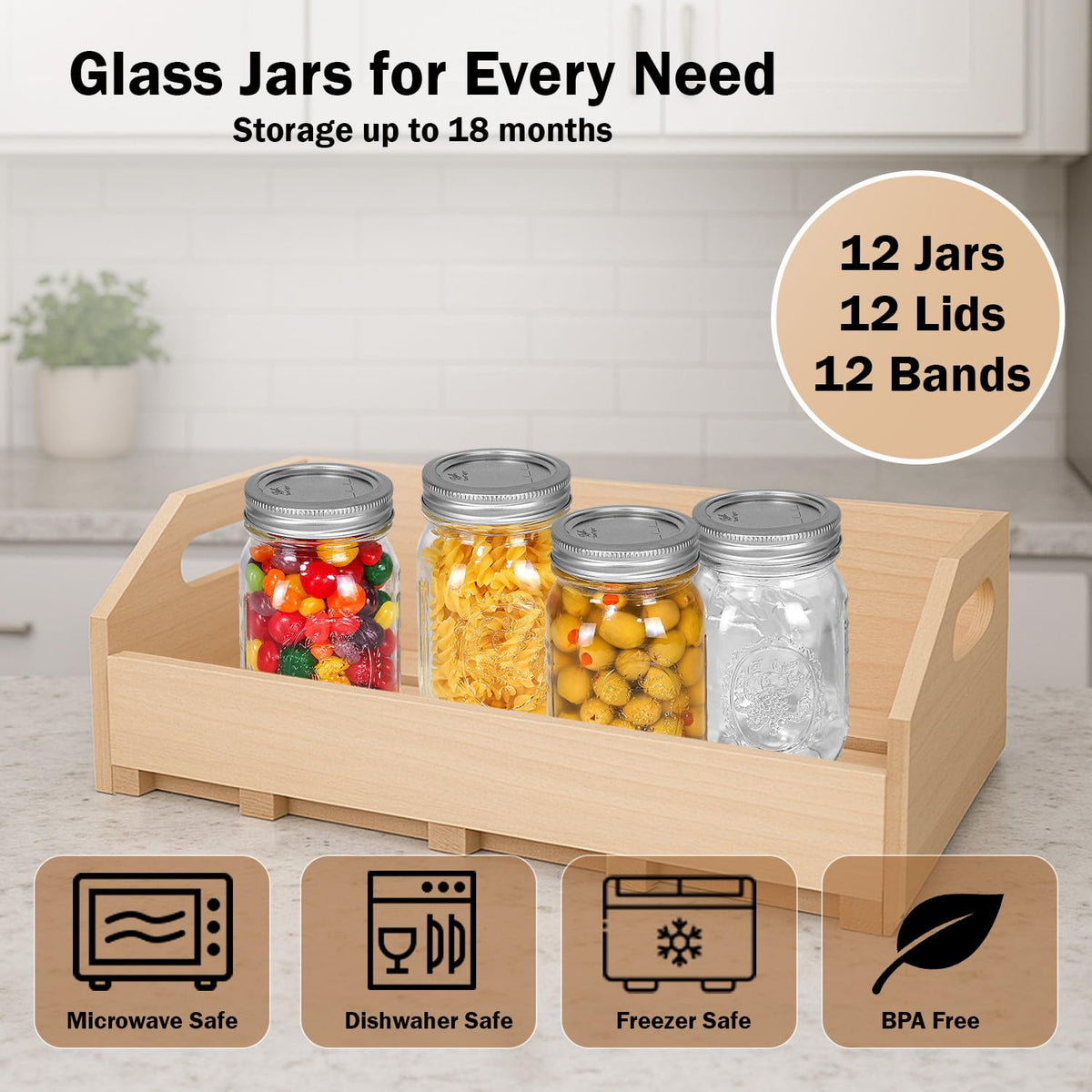 16 oz. Regular Mouth Mason Jars 12 Pack with Airtight Lids and Bands J766825