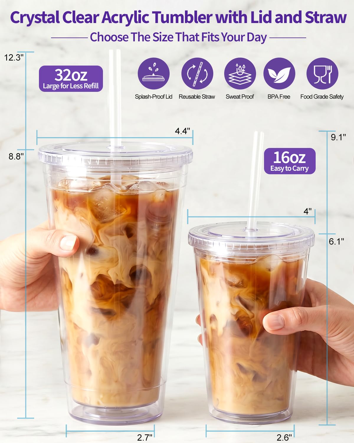 Clear Double Wall Plastic Tumbler with Lid and Straw 16 oz, 2 Pack G81760