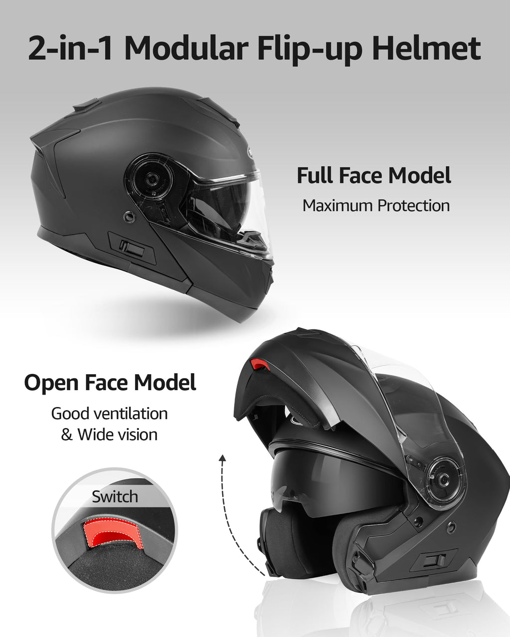 DOT Approved Full Face Motorcycle Helmet with Flip Up Dual Visor P94728