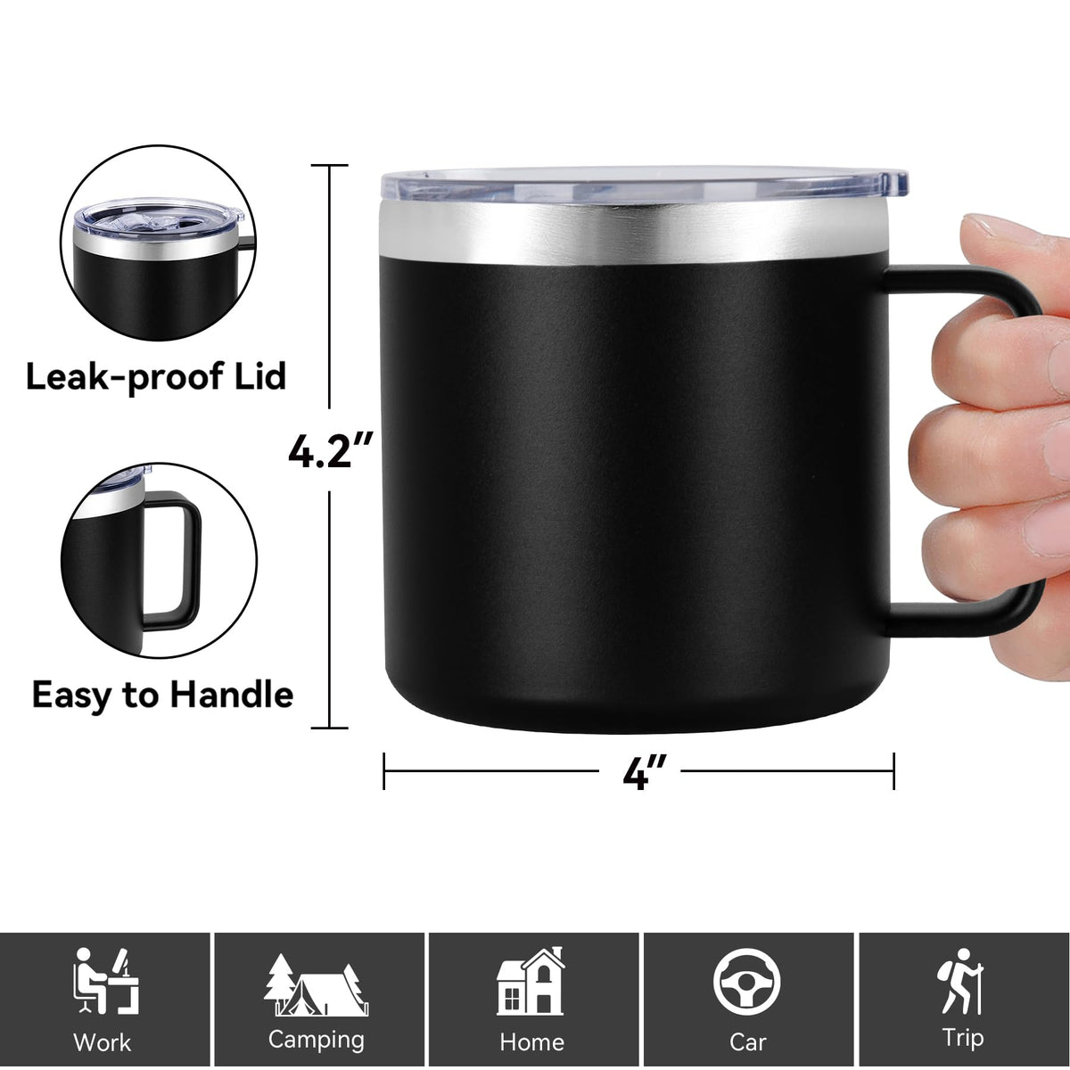 14 oz Insulated Stainless Steel Travel Coffee Mug with Handle and Lid P389
