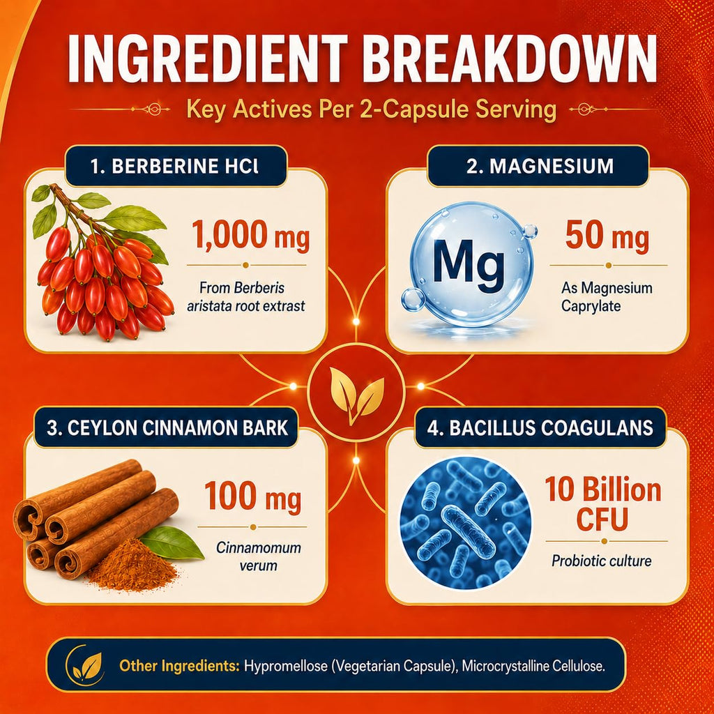 Berberine HCl 1000 mg with Ceylon Cinnamon and Probiotic, 60 Capsules B553215