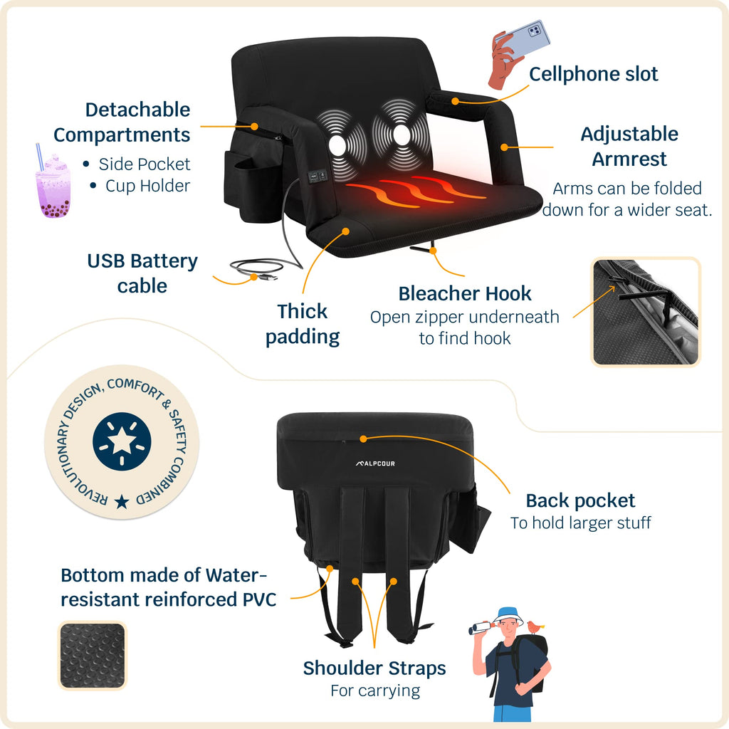 Heating Massage Reclining Stadium Seat with Arm Support G9572