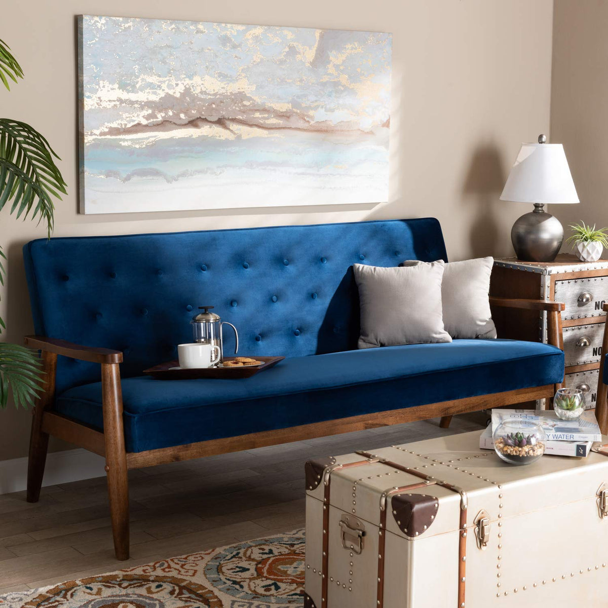 Navy Blue Velvet Upholstered 3-seater Sofa E6513