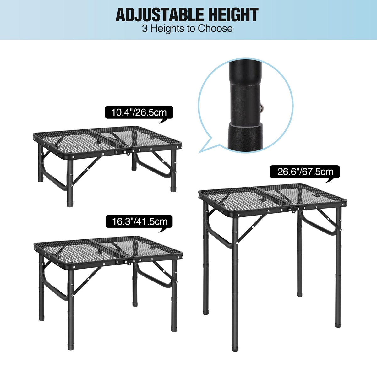Lightweight Height Adjustable Aluminum Folding Grill Table with Mesh Desktop, Black L794