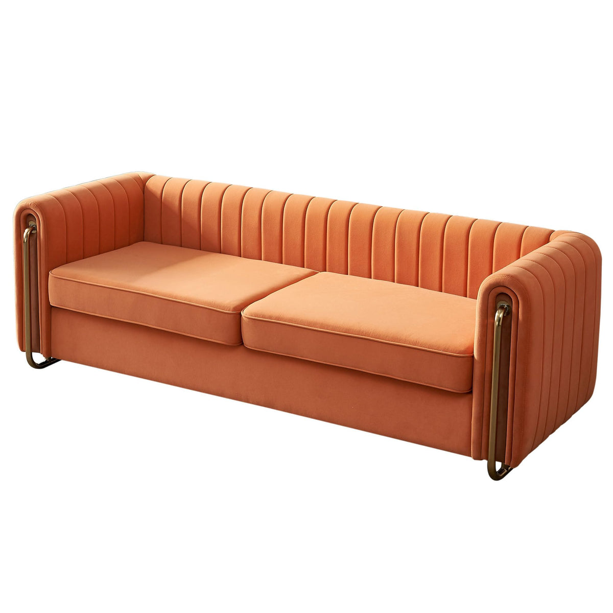 Velvet Sofa Couch, 3-Seater with Channel-Tufted Seats and Gold Steel Legs, Orange S892