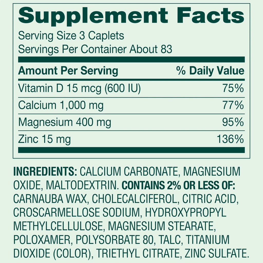 Calcium Magnesium Zinc Vitamin D3 Dietary Supplement 250 Coated Caplets Z944