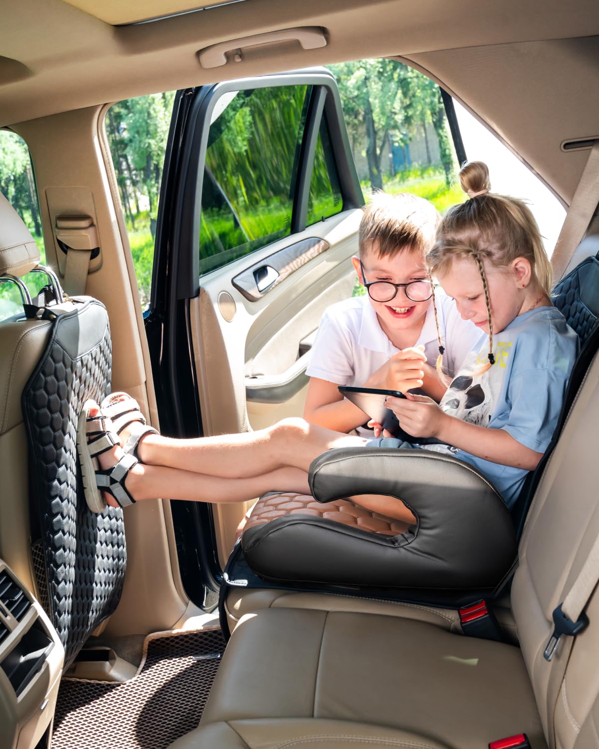 Black-Brown Backless Booster Seat, Waterproof Leather Seat Protector & Kick Mat Set S3464