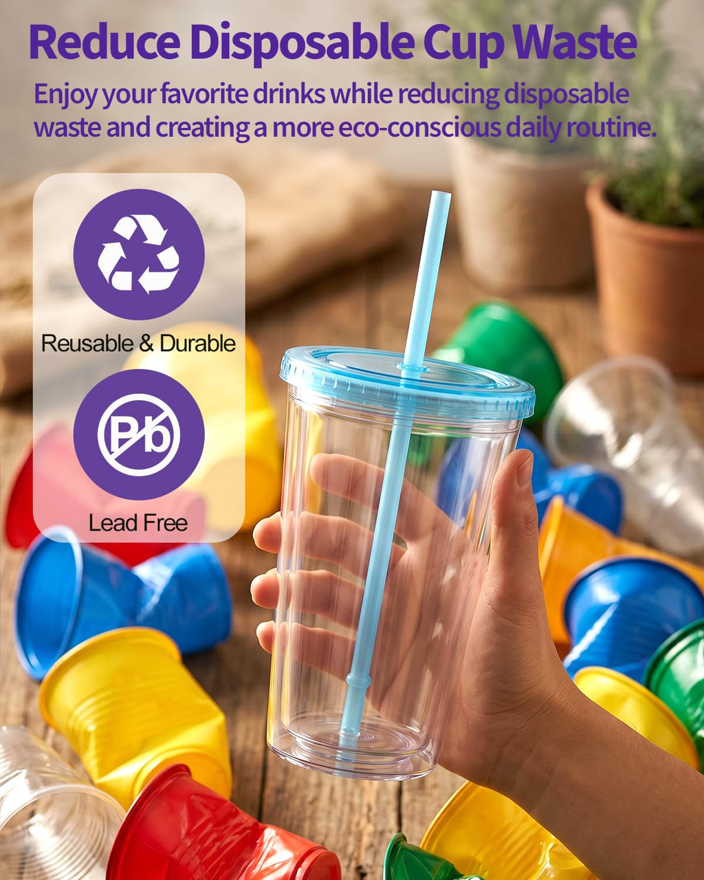 Clear Double Wall Plastic Tumbler with Lid and Straw 16 oz, 2 Pack G81760