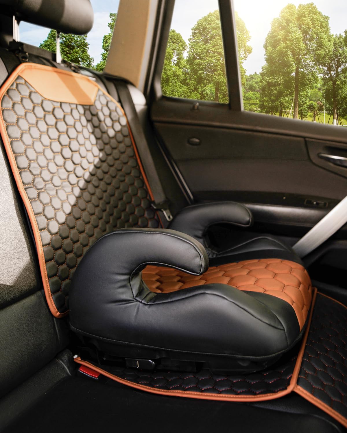 Black-Brown Backless Booster Seat, Waterproof Leather Seat Protector & Kick Mat Set S3464