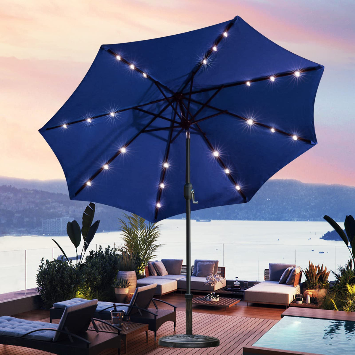 9' Solar LED Patio Umbrella, 8 Ribs, Tilt & Crank (Navy Blue) I2358