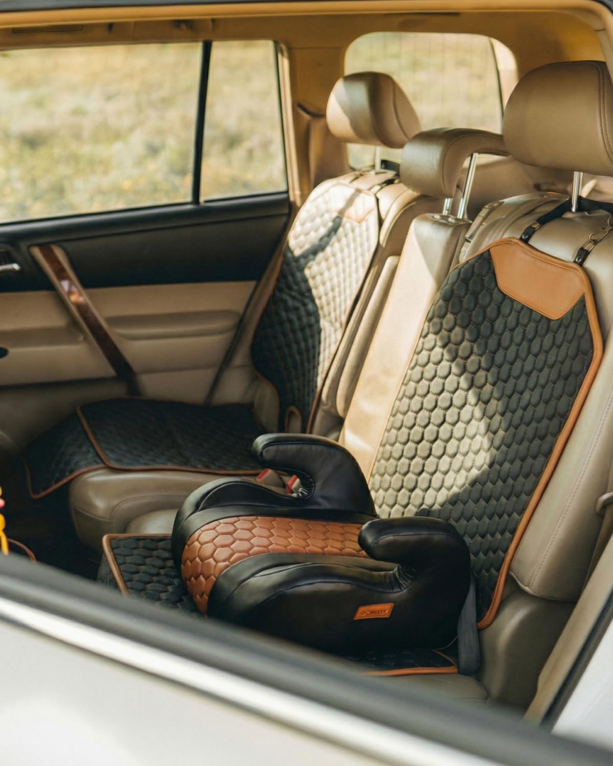 Black-Brown Backless Booster Seat, Waterproof Leather Seat Protector & Kick Mat Set S3464