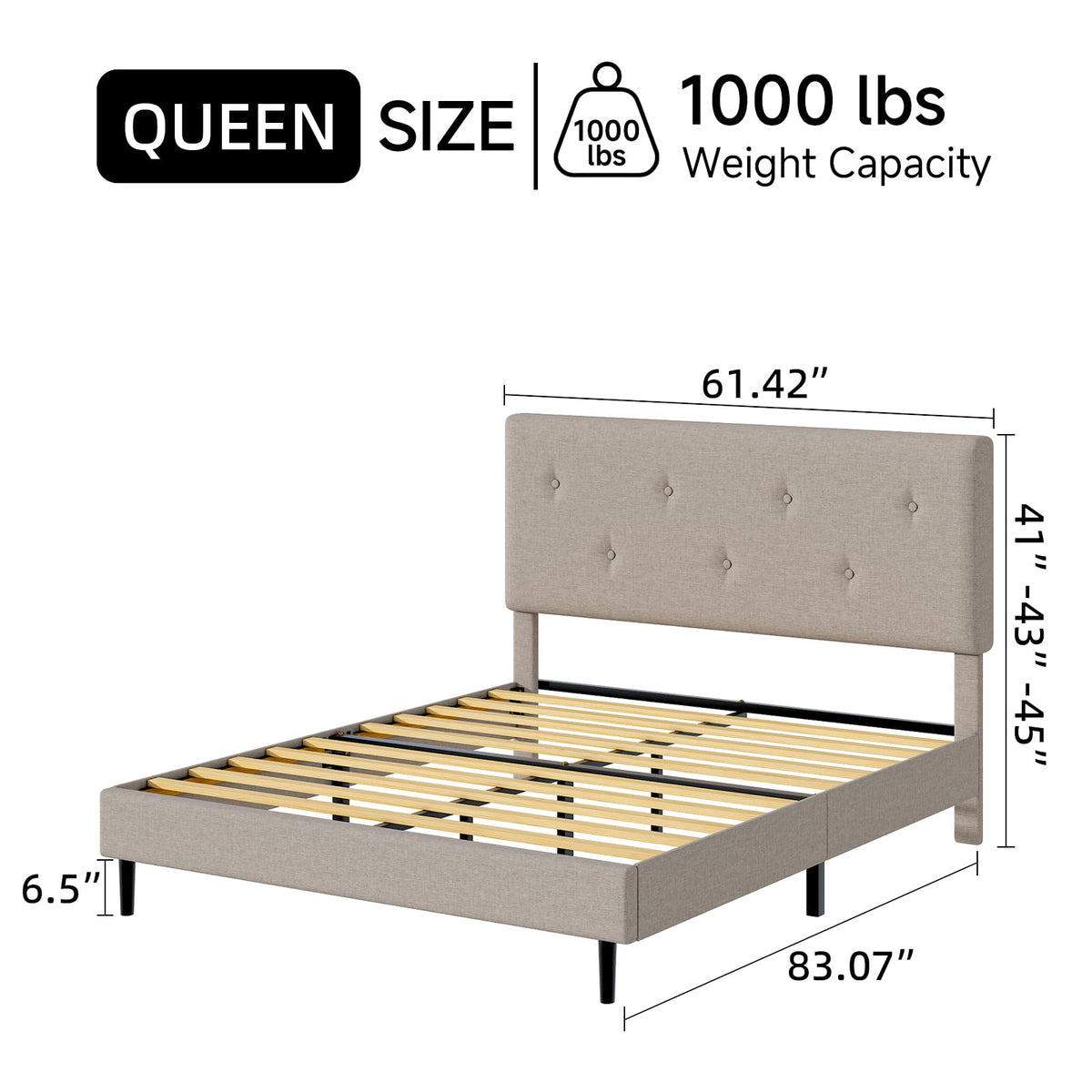 Queen Size Beige Linen Bed Frame with Adjustable Headboard Q36954