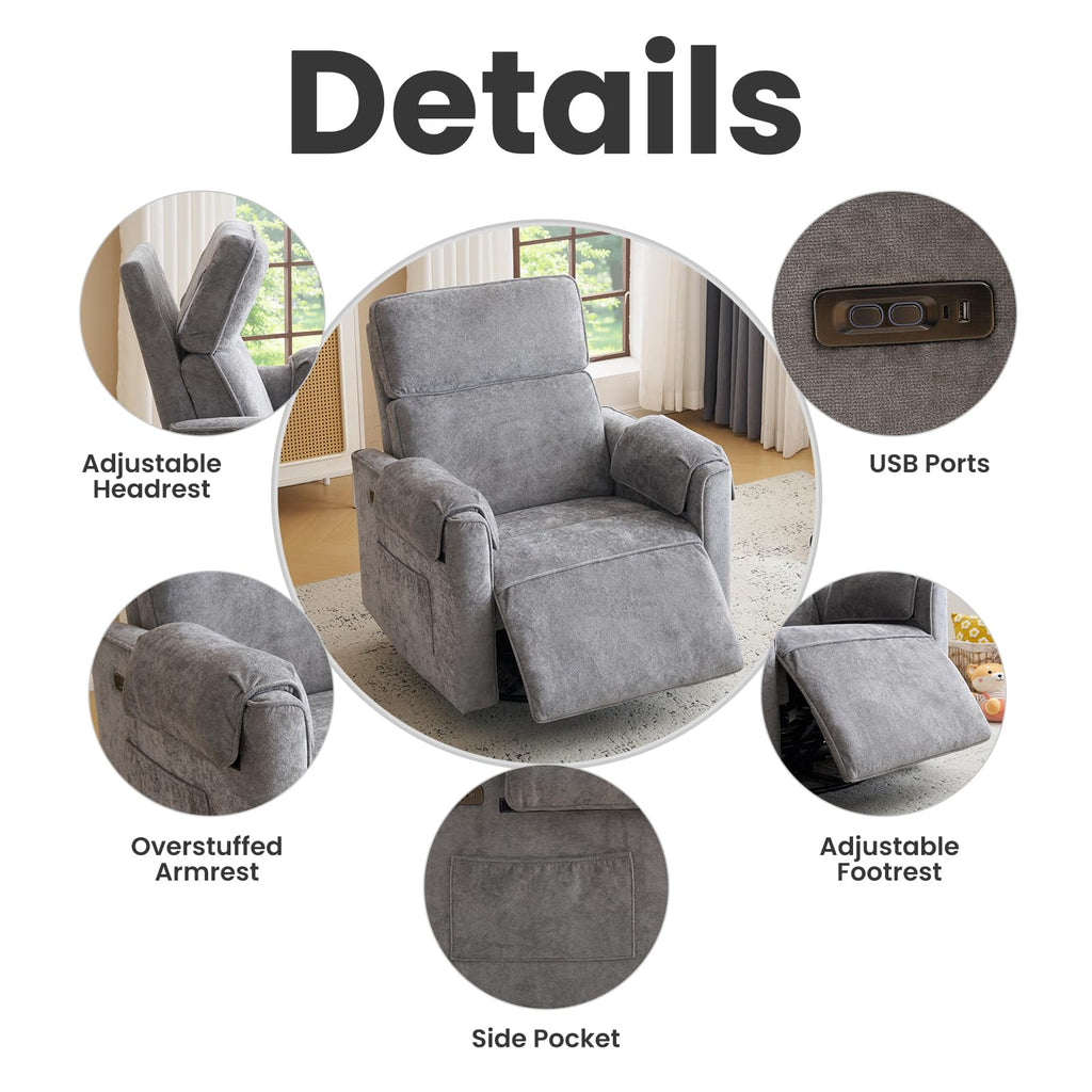 Oversized Swivel Rocking Recliner Chair with USB Ports, Grey Z6000