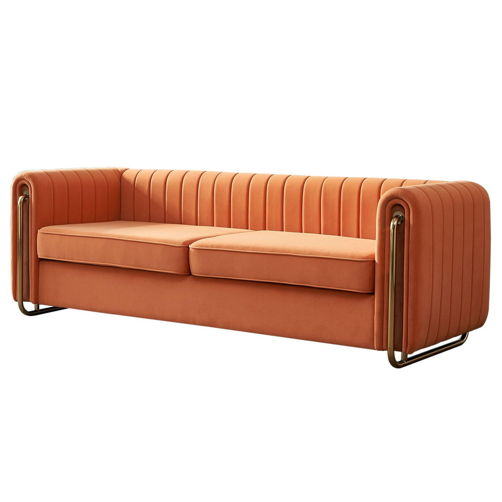 Velvet Sofa Couch, 3-Seater with Channel-Tufted Seats and Gold Steel Legs, Orange S892