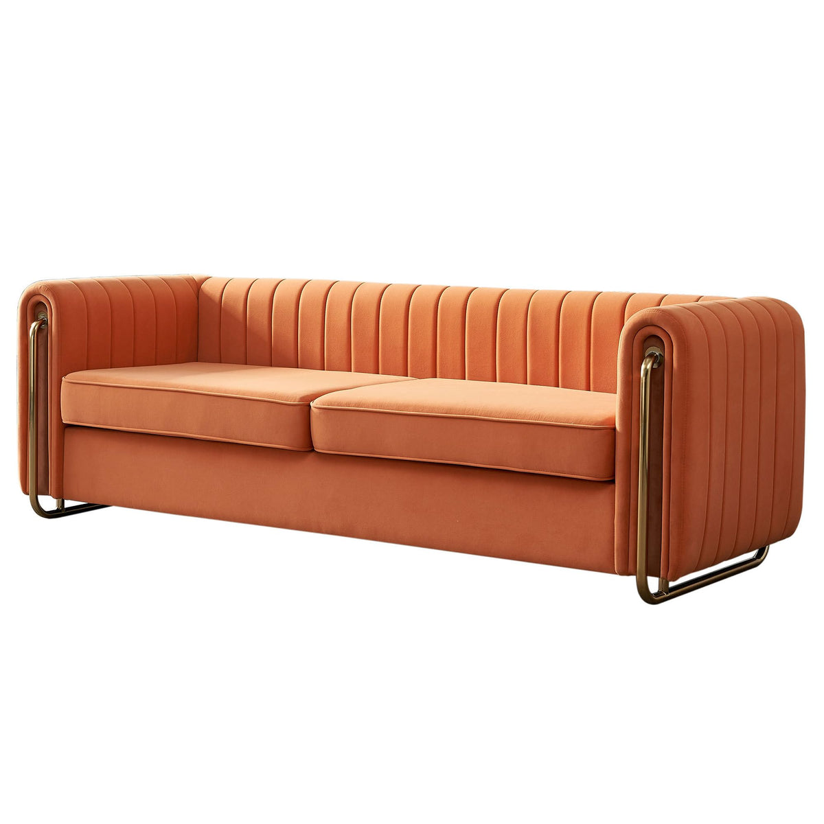 Velvet Sofa Couch, 3-Seater with Channel-Tufted Seats and Gold Steel Legs, Orange S892