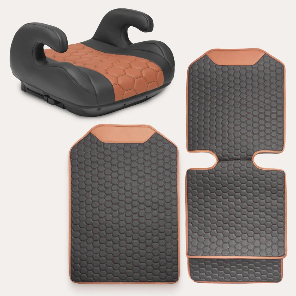Black-Brown Backless Booster Seat, Waterproof Leather Seat Protector & Kick Mat Set S3464