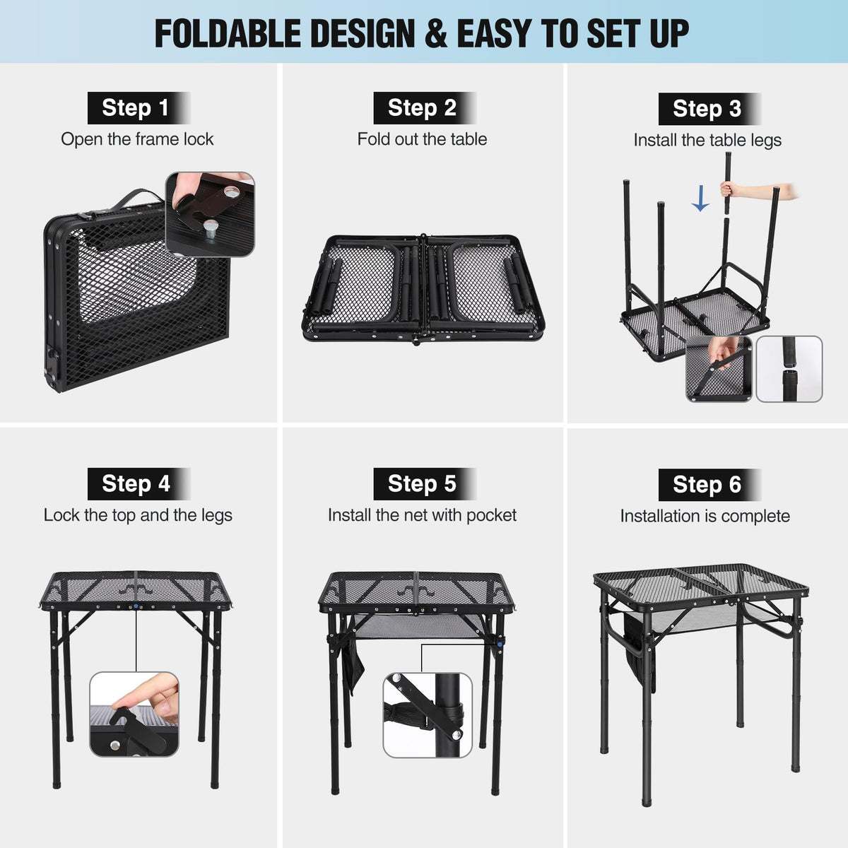 Lightweight Height Adjustable Aluminum Folding Grill Table with Mesh Desktop, Black L794