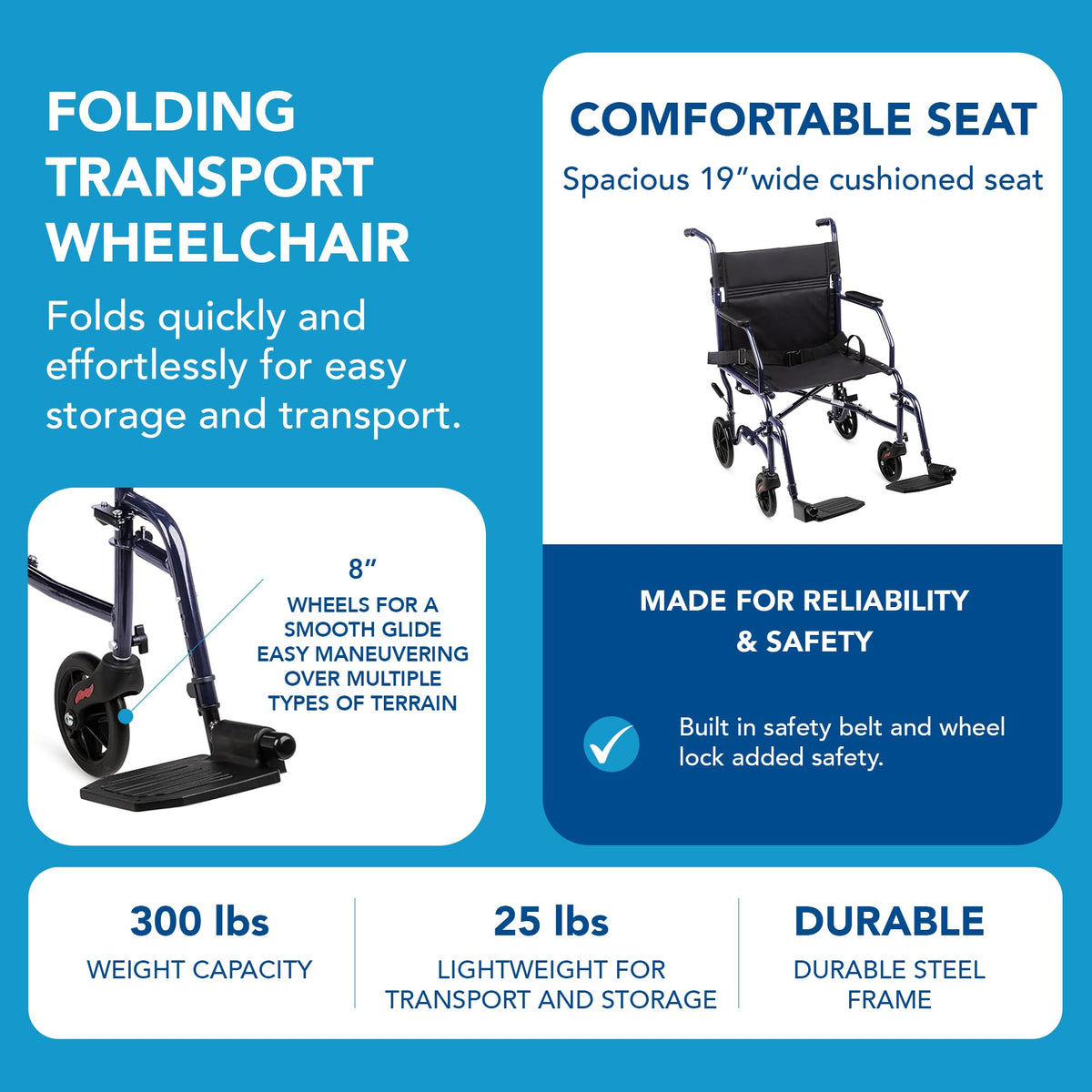 Folding Transport Wheelchair with 19 inch Seat H4428