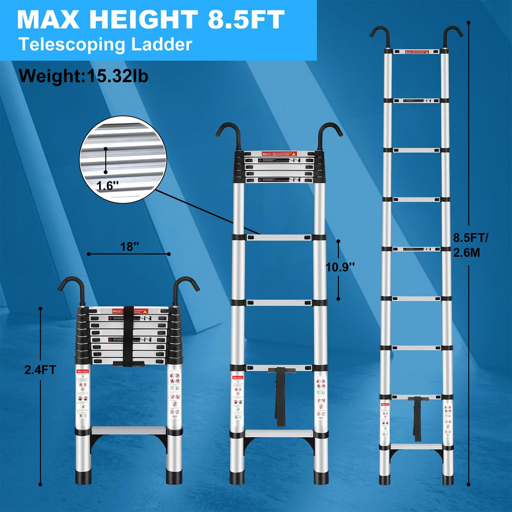 Telescoping Ladder with Hooks, 8.5 FT, 330 lb Capacity Y710229