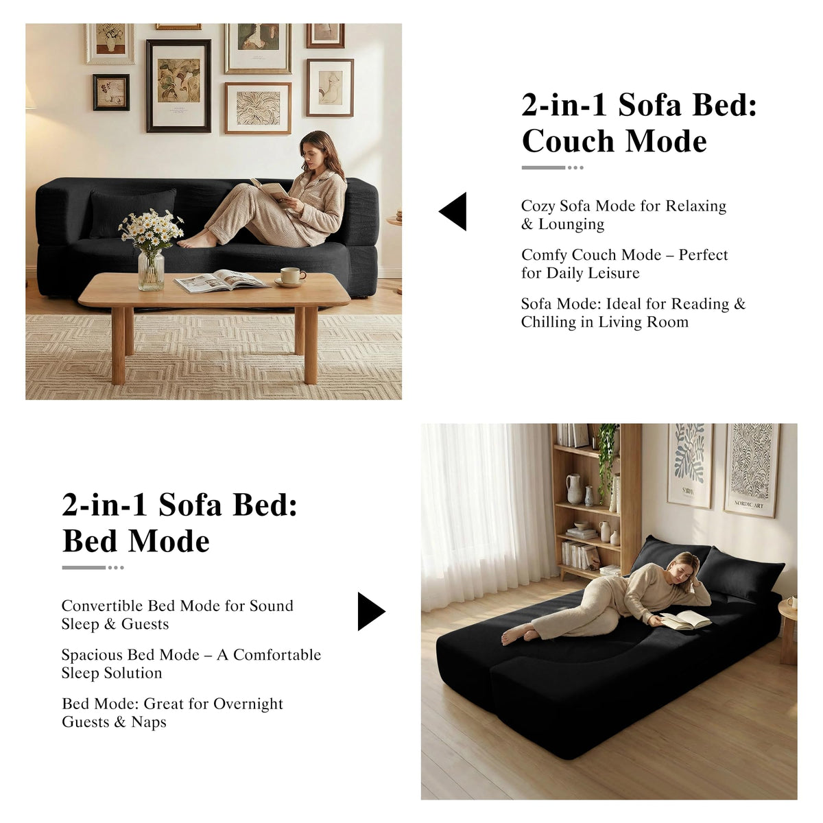 2-in-1 Convertible Sofa Bed 78 Inch Sleeper with Pillow Black W53332