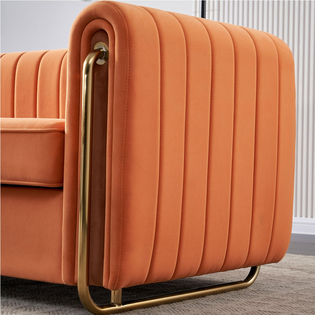 Velvet Sofa Couch, 3-Seater with Channel-Tufted Seats and Gold Steel Legs, Orange S892
