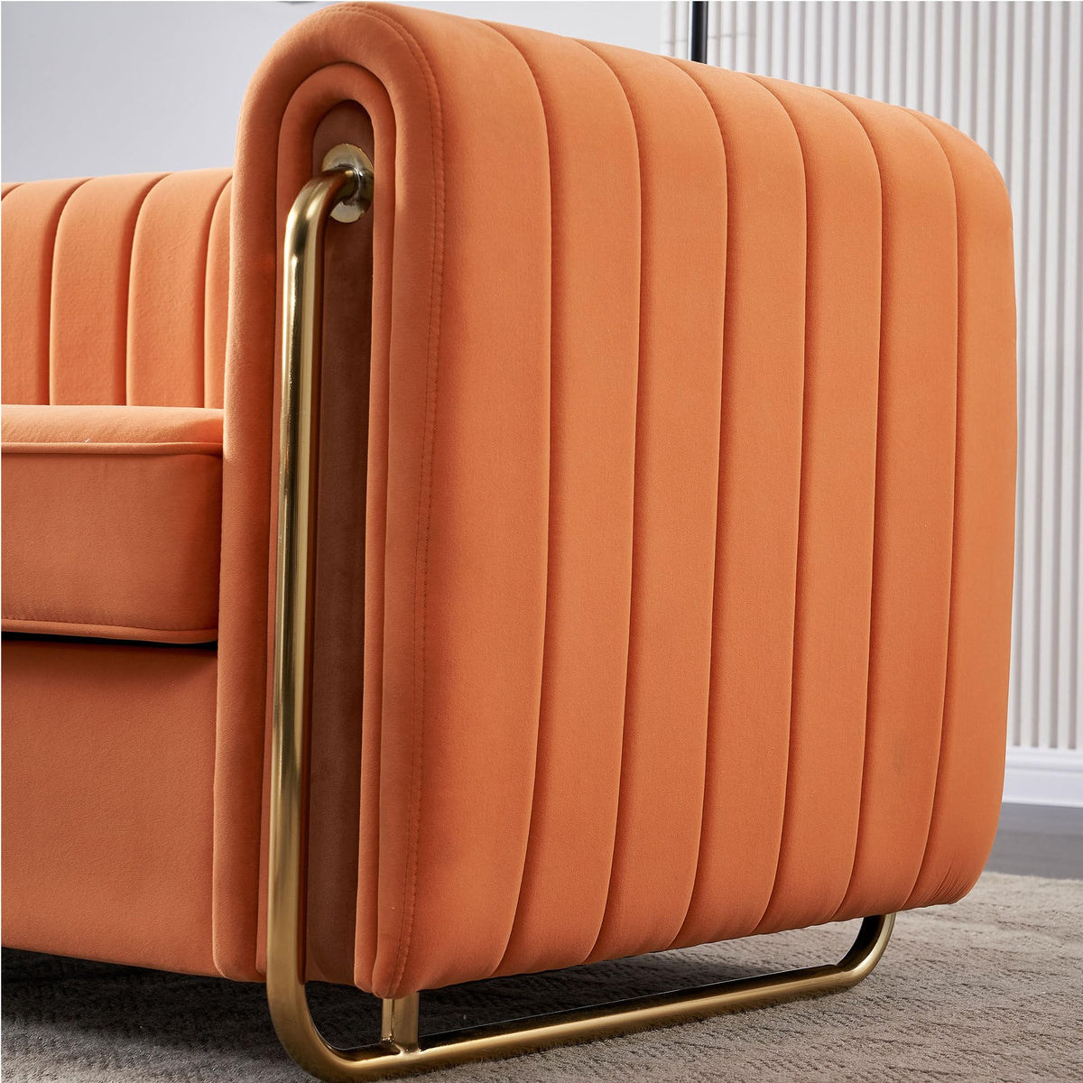 Velvet Sofa Couch, 3-Seater with Channel-Tufted Seats and Gold Steel Legs, Orange S892