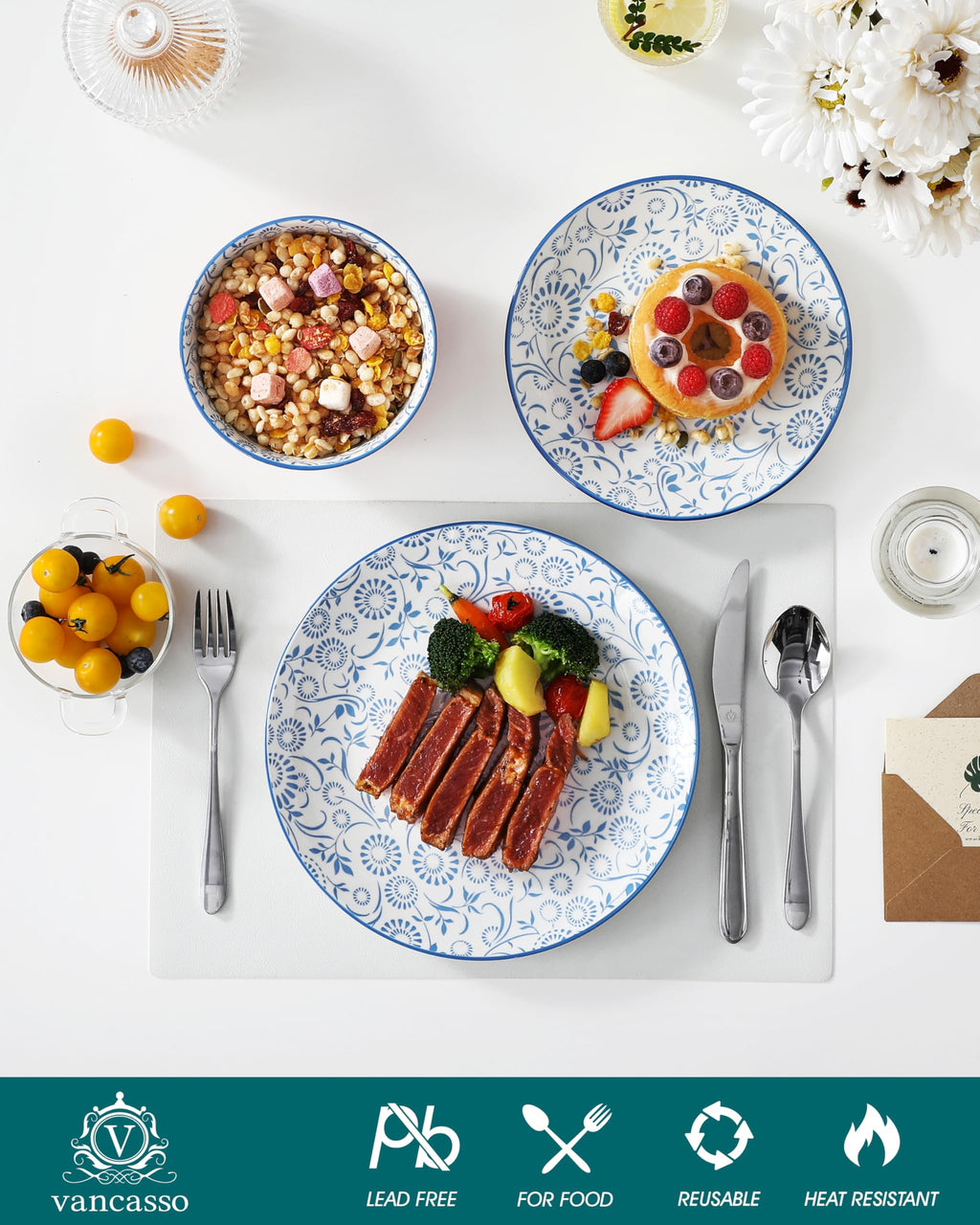 Plates and Bowls Set for 4, 12 Pieces Porcelain Dinnerware E96163